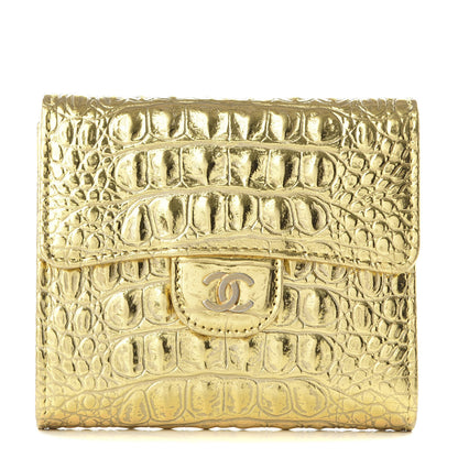 Chanel Metallic Calfskin Crocodile Embossed Cocodile Compact Flap Wallet Gold 1 of 9