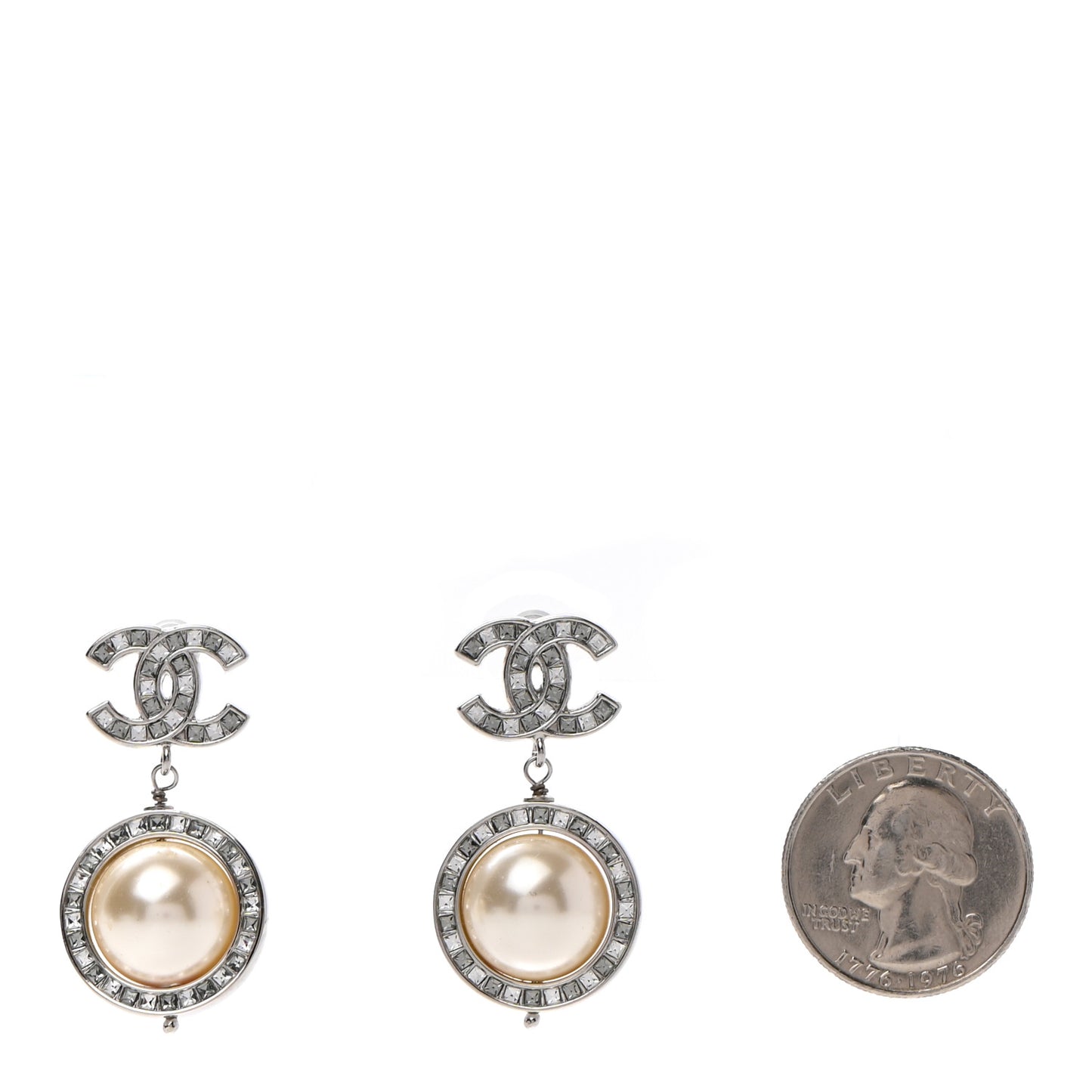 Baguette Crystal CC Pearl Drop Art Decoco Earrings Silver