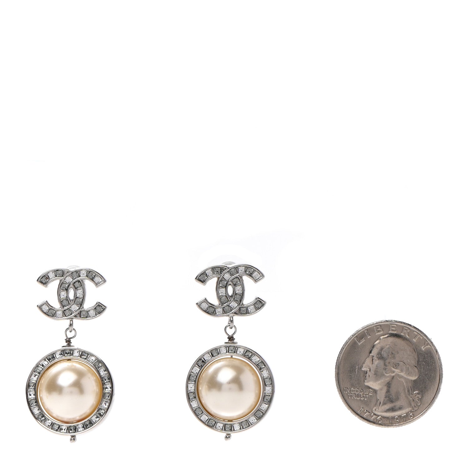 Chanel Baguette Crystal CC Pearl Drop Art Decoco Earrings Silver 2 of 5