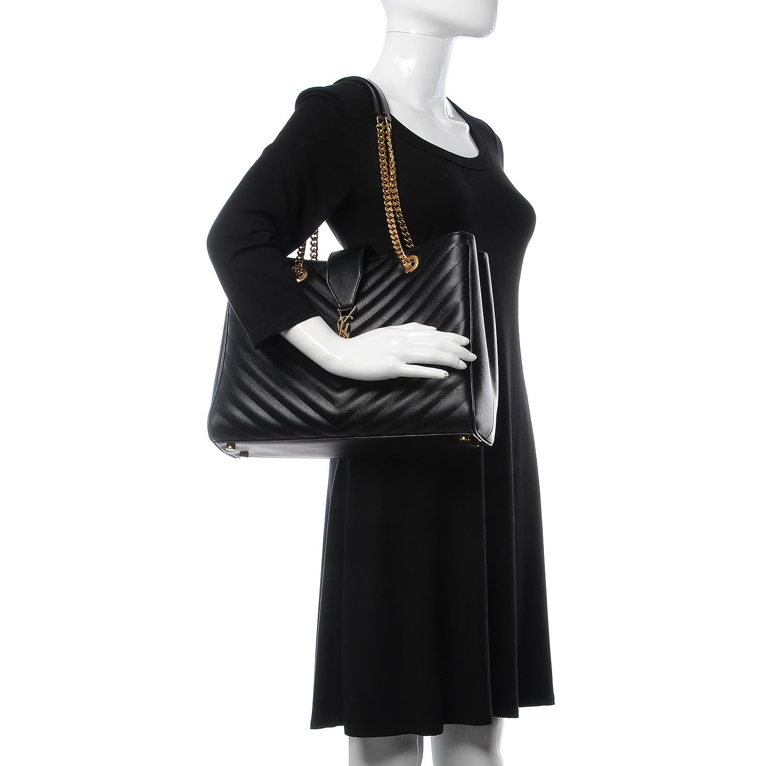 Saint Laurent Grain De Poudre Matelasse Chevron Monogram Shopping Bag Black 2 of 10