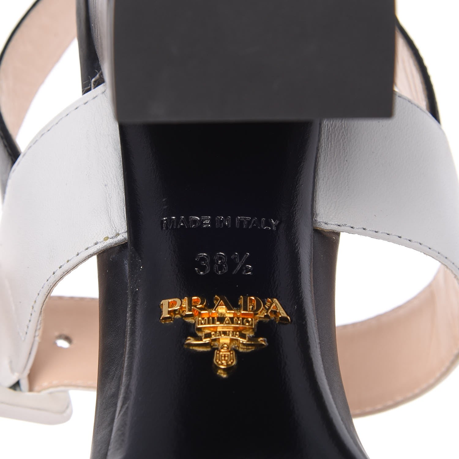 Prada Vitello Lux Bicolor Block Heel Sandals 38.5 Black White 7 of 11