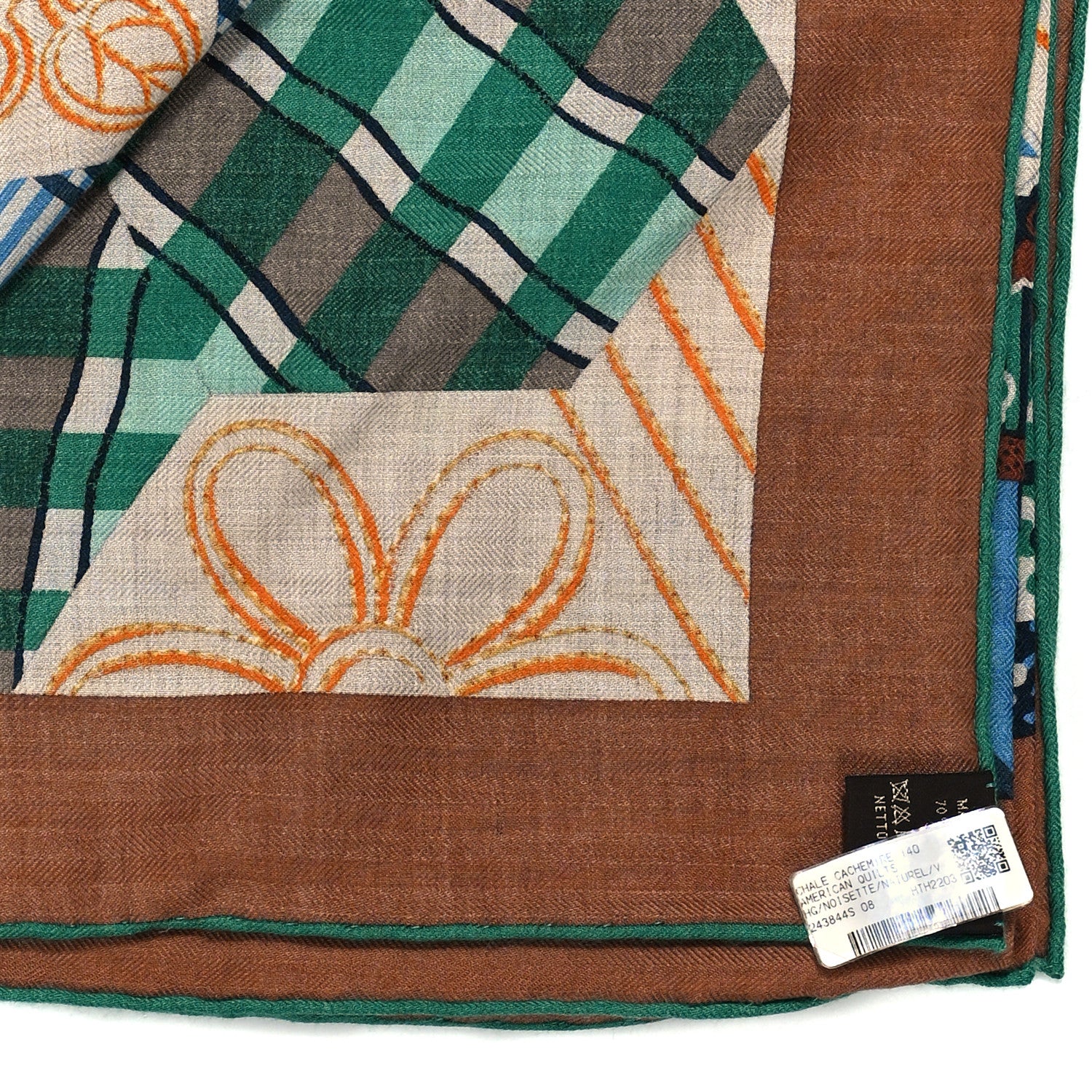 Hermes Cashmere Silk American Quilts Shawl 140 Noisette Natural Vert 3 of 5