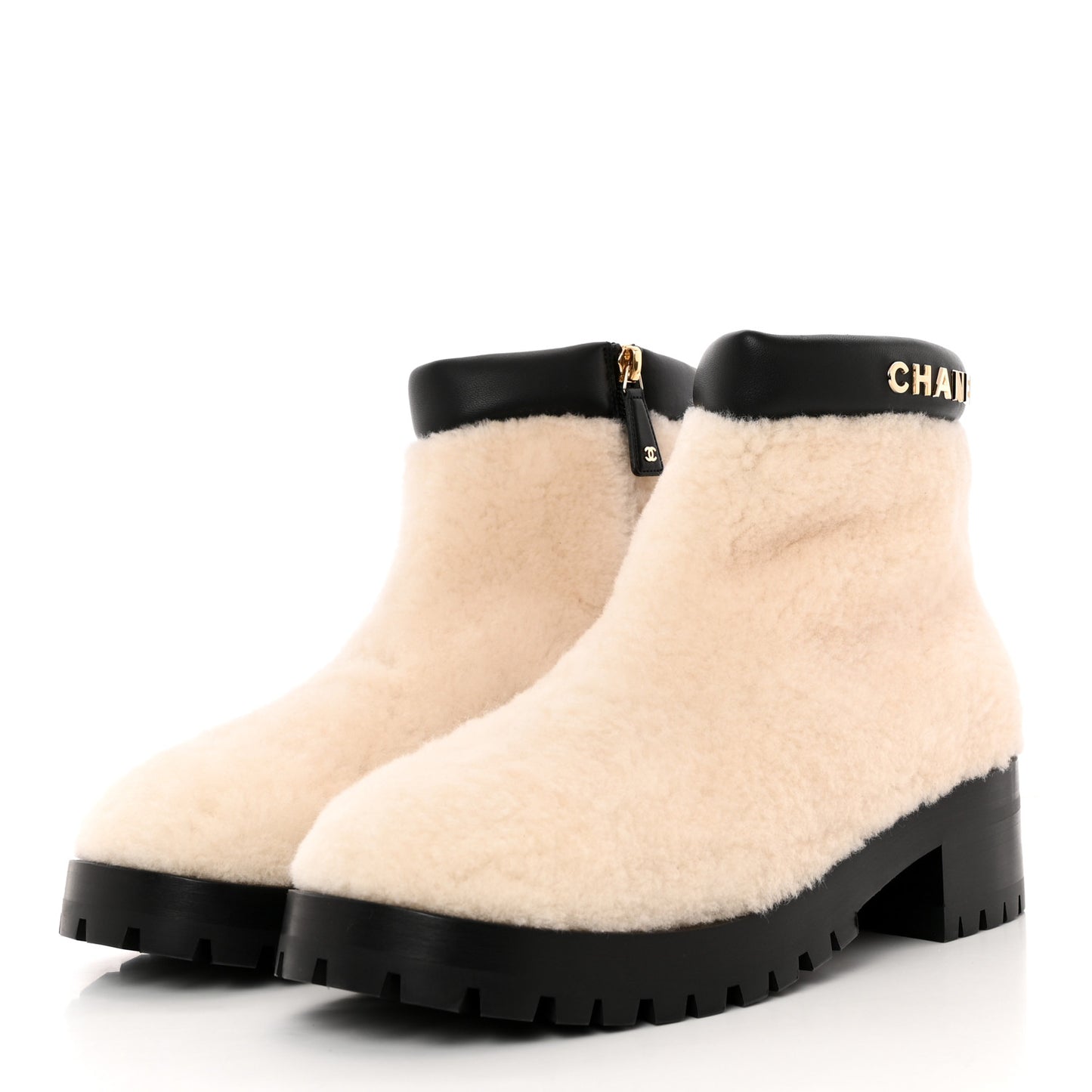 Shearling Lambskin Logo Ankle Boots 40 Ivory Black