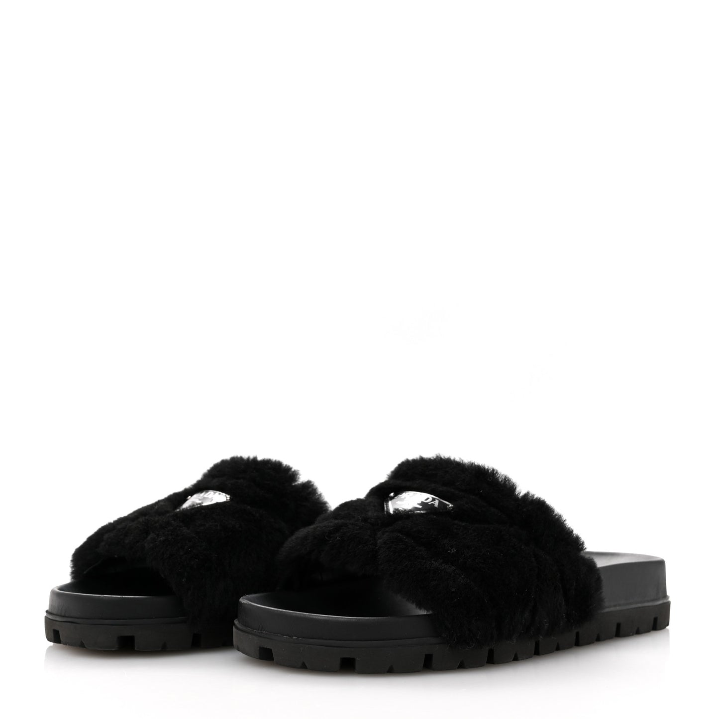 Shearling Metal Triangle Logo Lug Sole 20mm Slide Sandals 36.5 Black