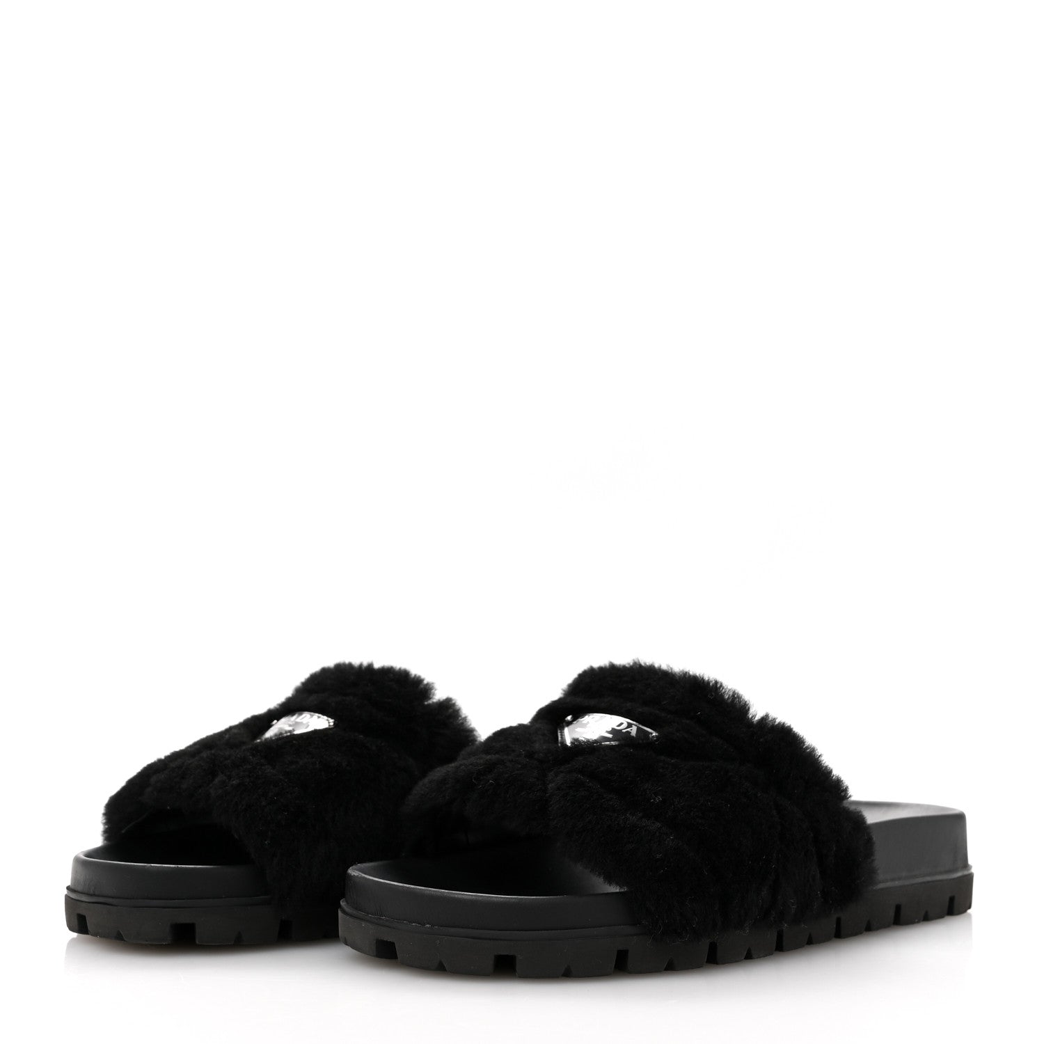 Prada Shearling Metal Triangle Logo Lug Sole 20mm Slide Sandals 36.5 Black 4 of 9