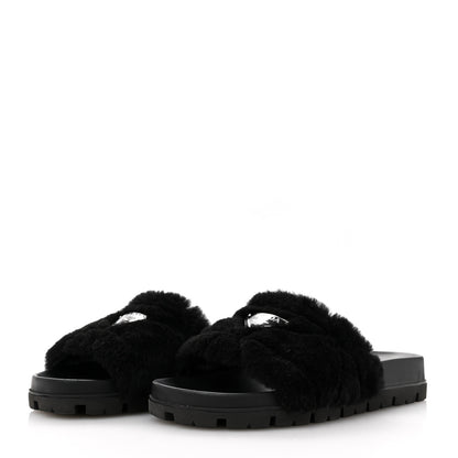 Prada Shearling Metal Triangle Logo Lug Sole 20mm Slide Sandals 36.5 Black 4 of 9