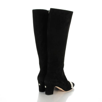 Chanel Suede Grosgrain Pearl CC Cap Toe High Boots 37 Black 4 of 7