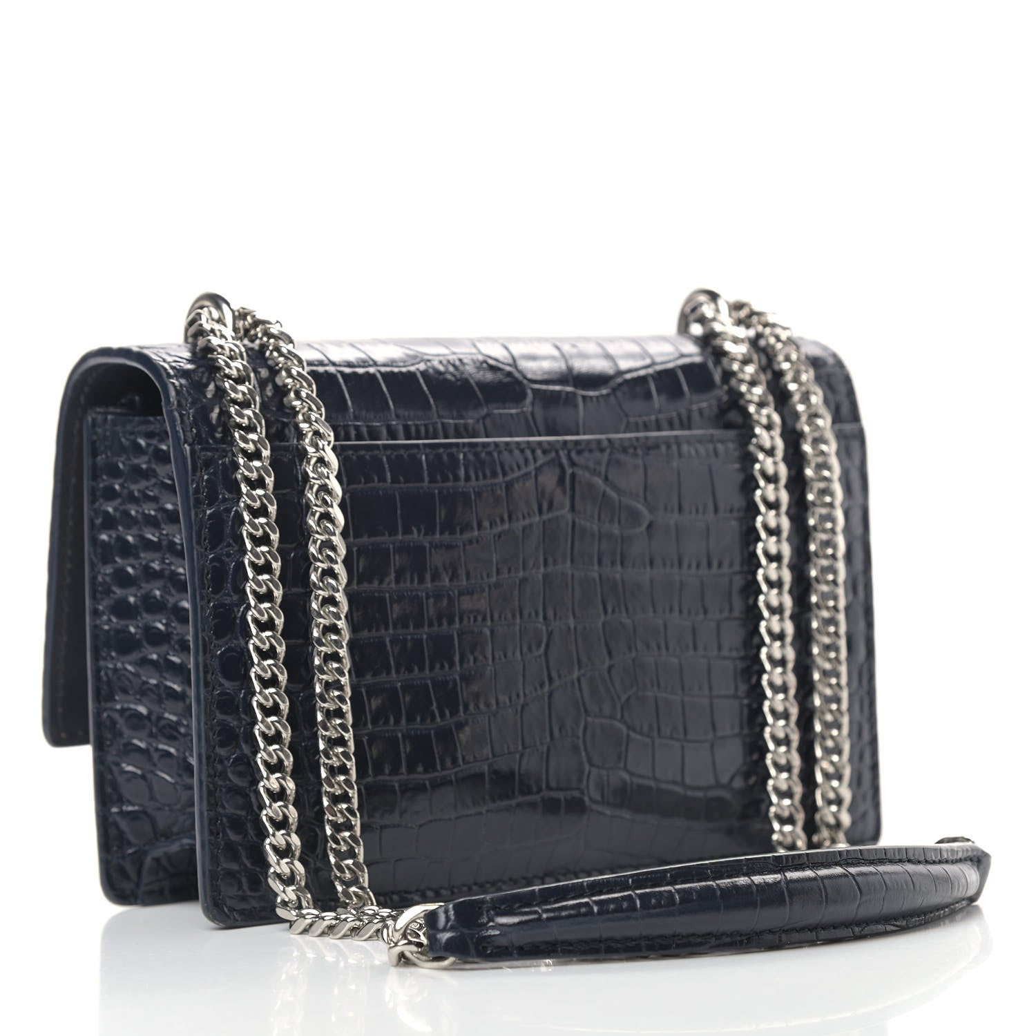 Saint Laurent Calfskin Crocodile Embossed Monogram Sunset Chain Wallet Navy 3 of 13