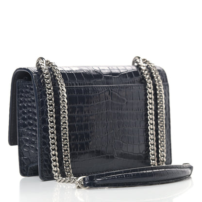 Saint Laurent Calfskin Crocodile Embossed Monogram Sunset Chain Wallet Navy 3 of 13