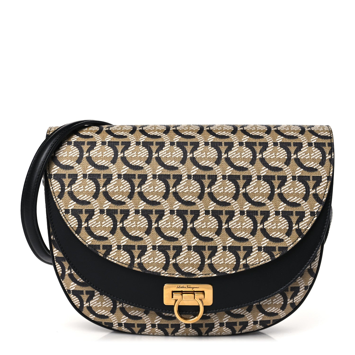 Salvatore Ferragamo Canvas Calfskin Gancini Saddle Bag Black Beige 1 of 10