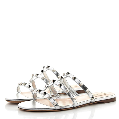 Valentino Garavani Metallic Nappa Rockstud Caged Flat Slide Sandals 38 Silver 3 of 9