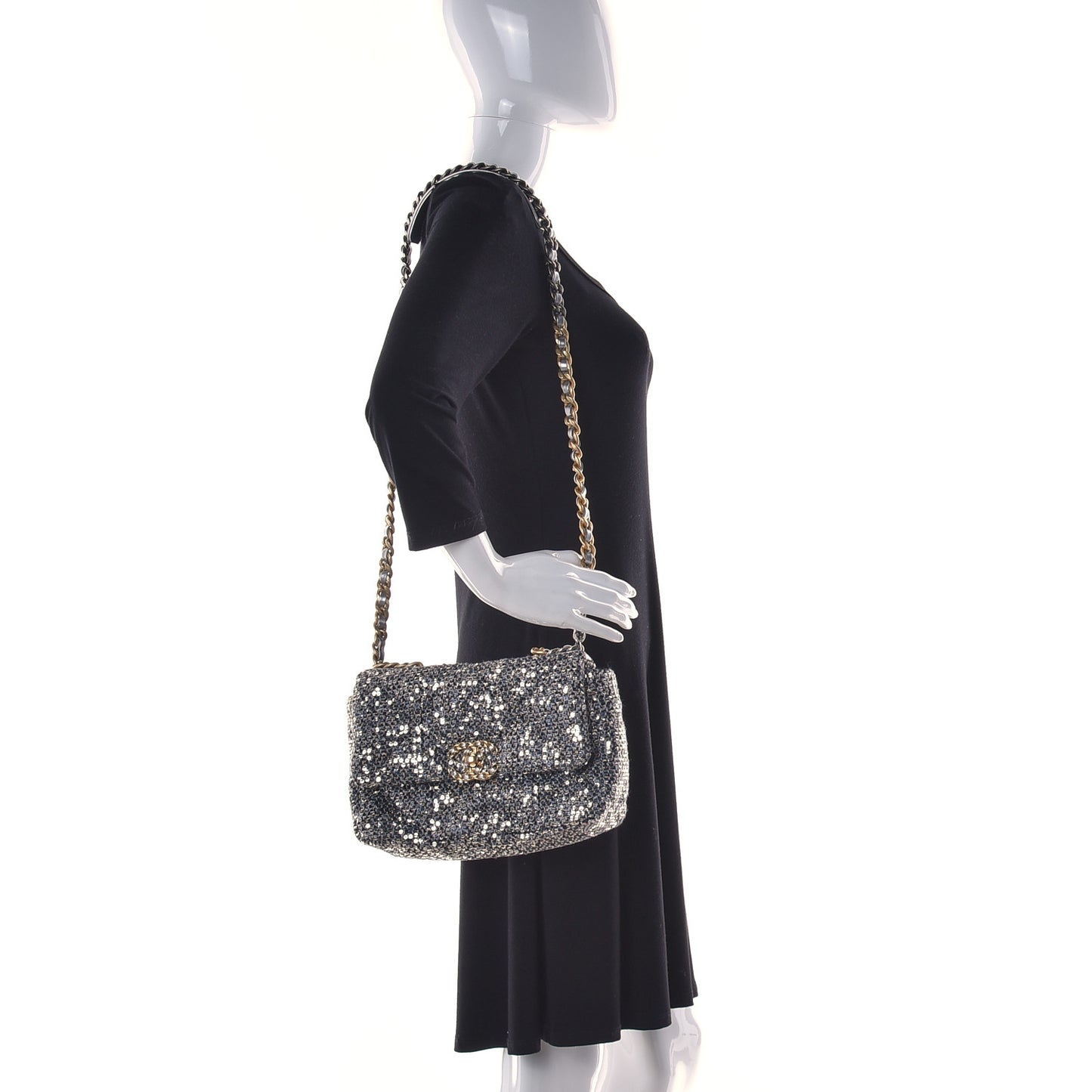 Sequin Quilted Medium Chanel 19 Flap Silver