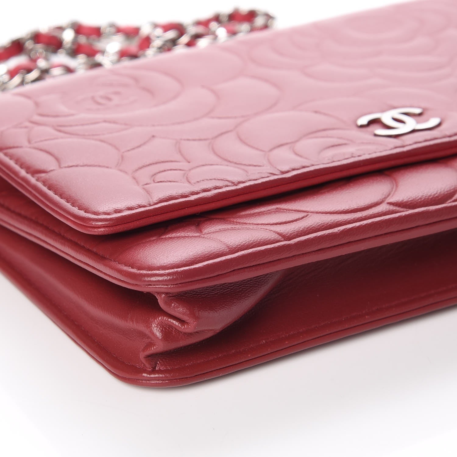 Chanel Lambskin Camellia Embossed Wallet On Chain WOC Red 5 of 14