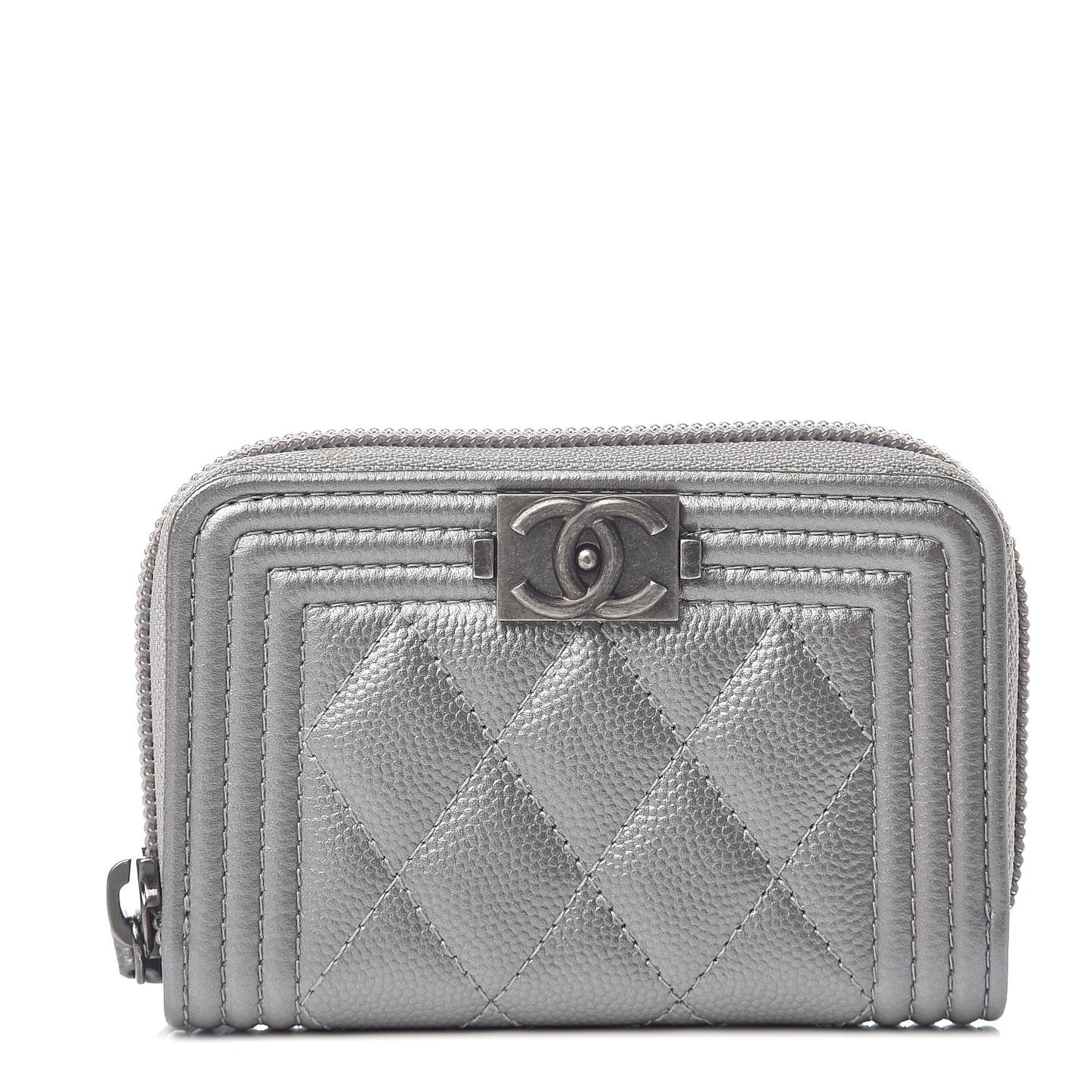 Metallic Caviar Quilted Boy Zip Around Coin Purse Wallet Silver