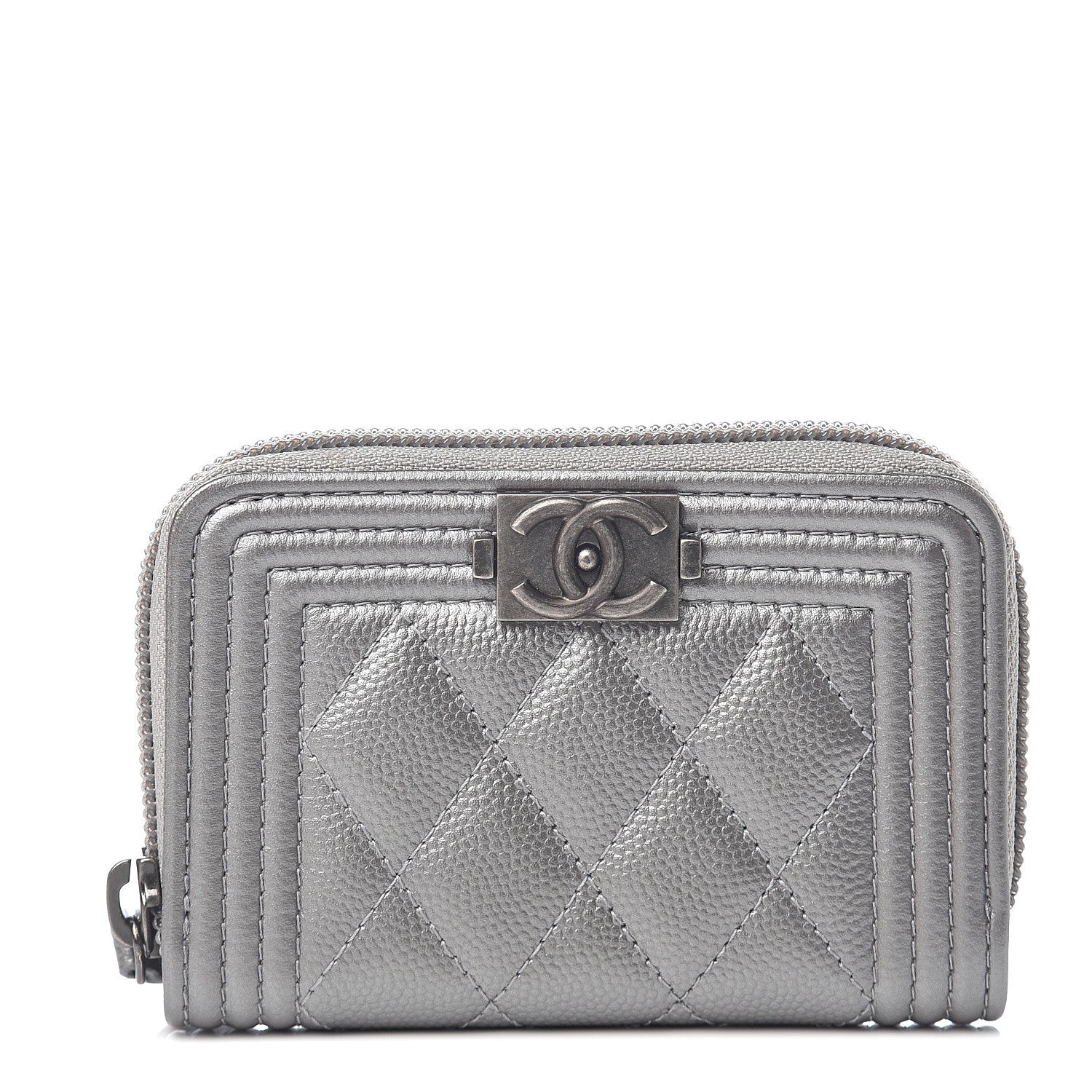 Chanel Metallic Caviar Quilted Boy Zip Around Coin Purse Wallet Silver 1 of 7