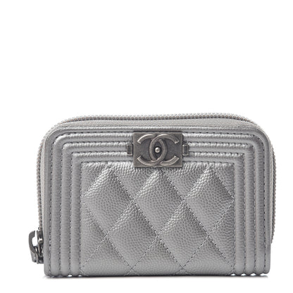 Chanel Metallic Caviar Quilted Boy Zip Around Coin Purse Wallet Silver 1 of 7