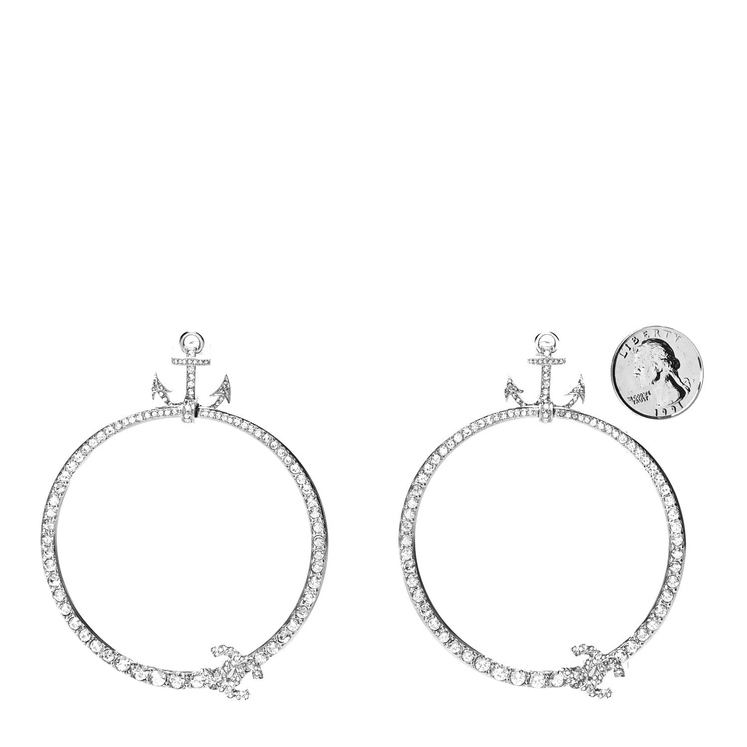 Chanel Crystal Anchor CC Hoop Earrings Silver 2 of 4
