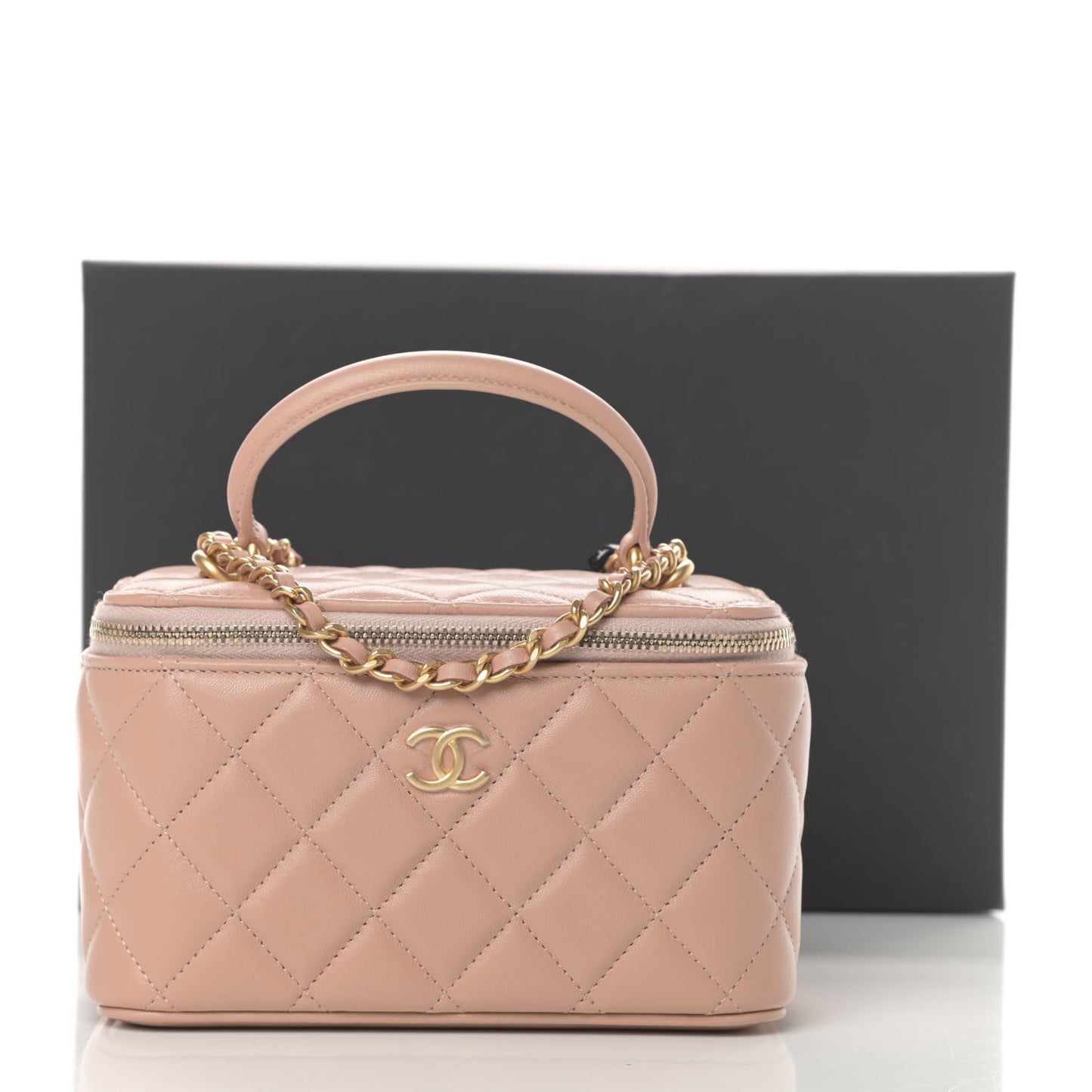 Lambskin Quilted Small Top Handle Vanity Case With Chain Beige