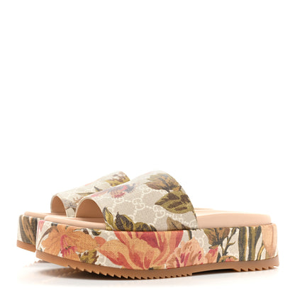 Gucci GG Supreme Monogram Water Flora Angelina Platform Slide Sandals 38 Beige White Multicolor 3 of 9
