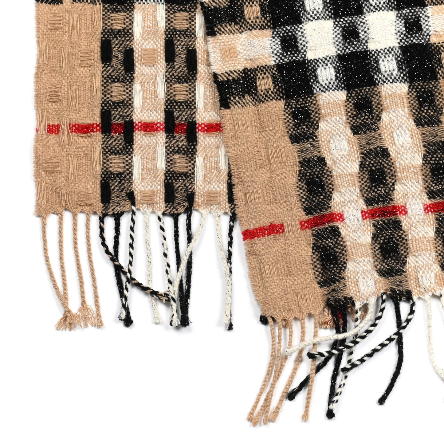 Merino Wool Cashmere Exploded Check Fringe Scarf Camel