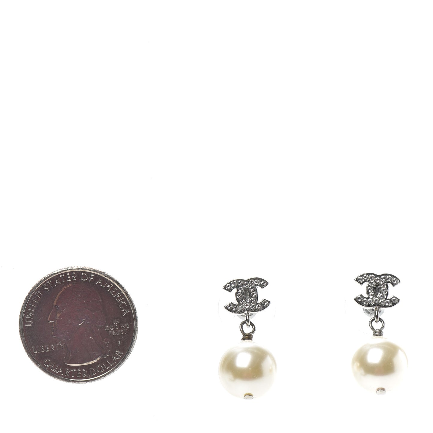 Crystal Pearl CC Drop Earrings Silver