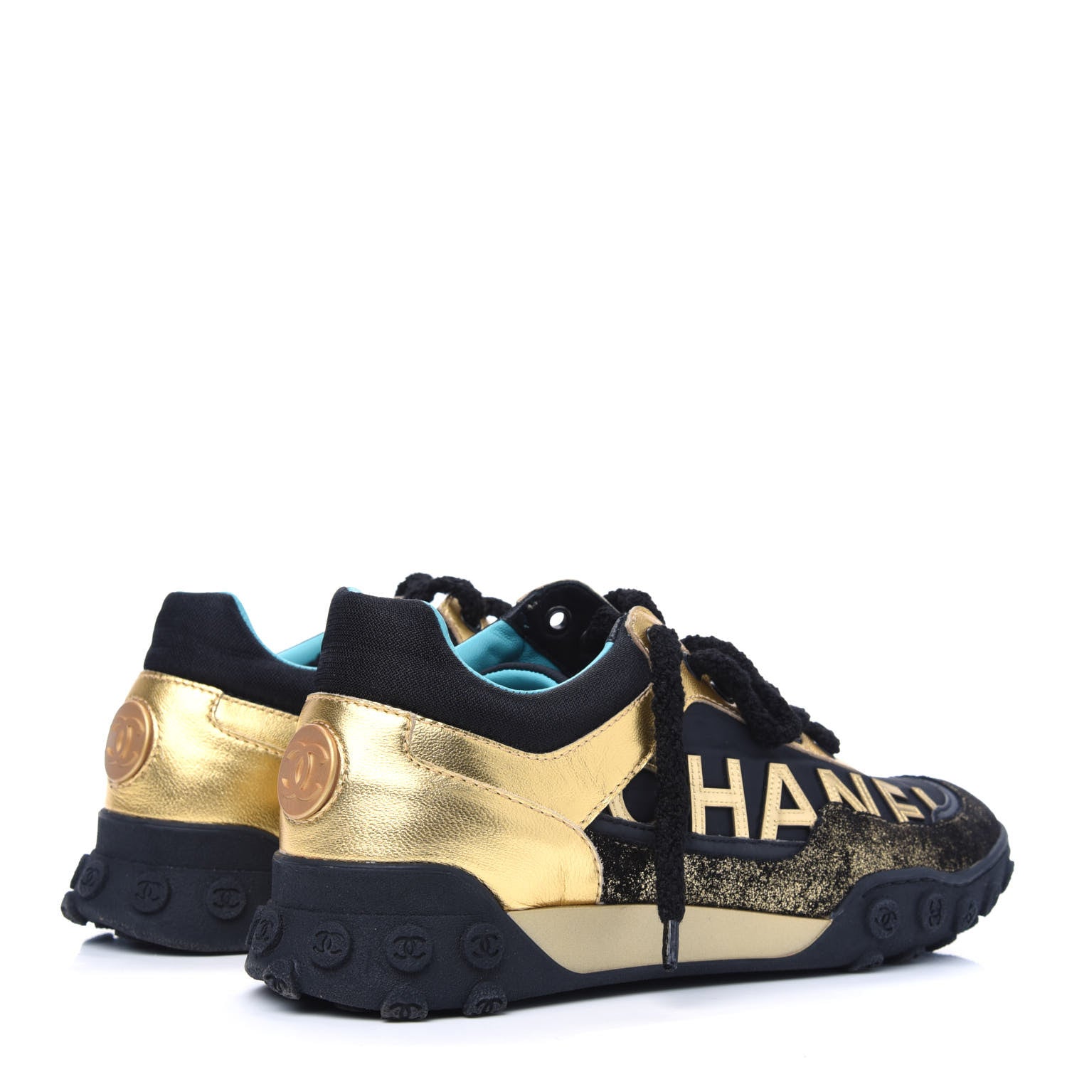 Chanel Metallic Lambskin Satin Finish Womens CC Sneakers 36 Black Gold 4 of 9