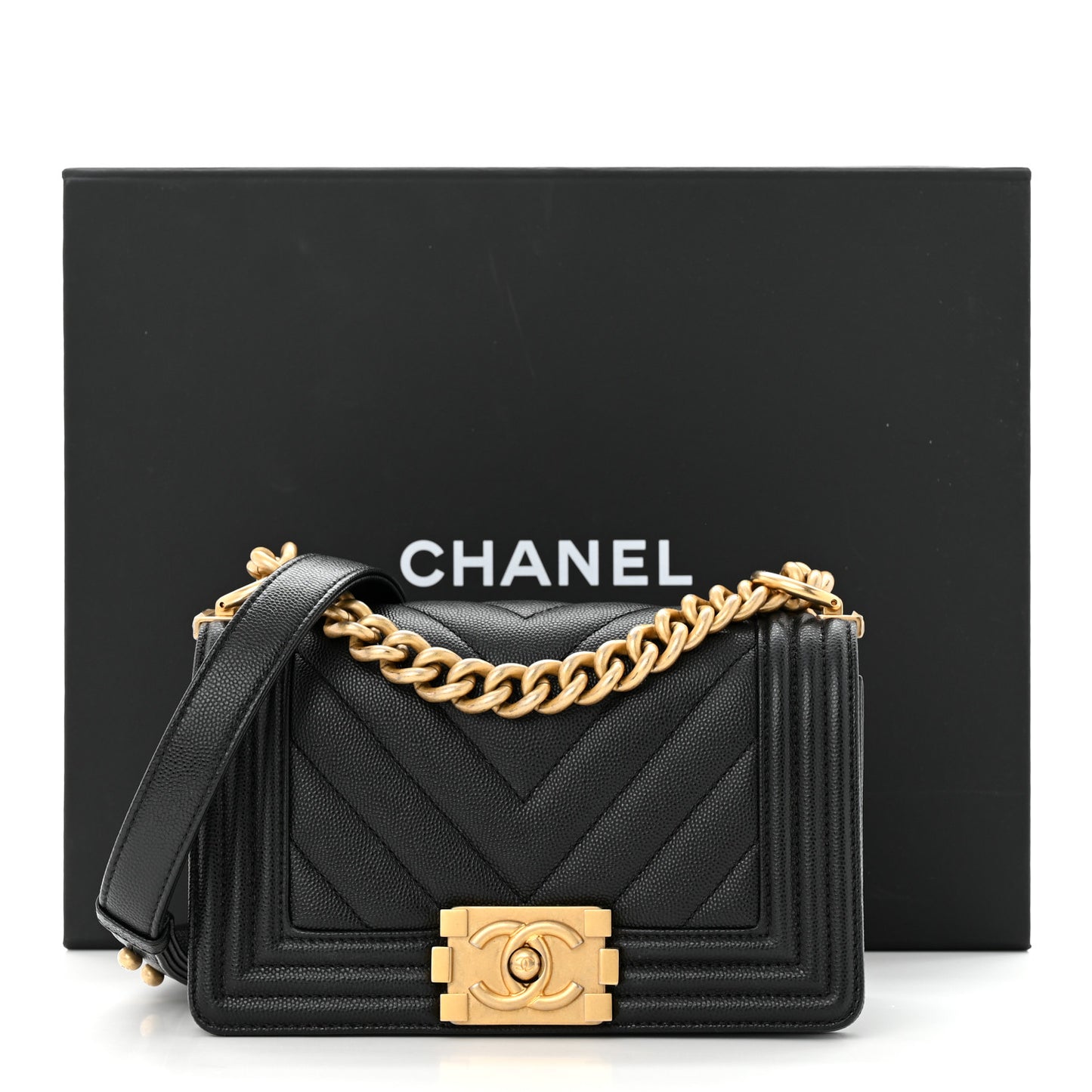Caviar Chevron Quilted Small Boy Flap Black