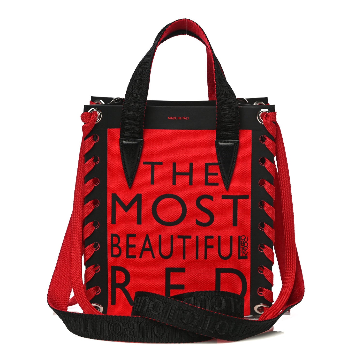 Christian Louboutin Braided Canvas Mini Cabalace Shopper Tote Red Black 4 of 13
