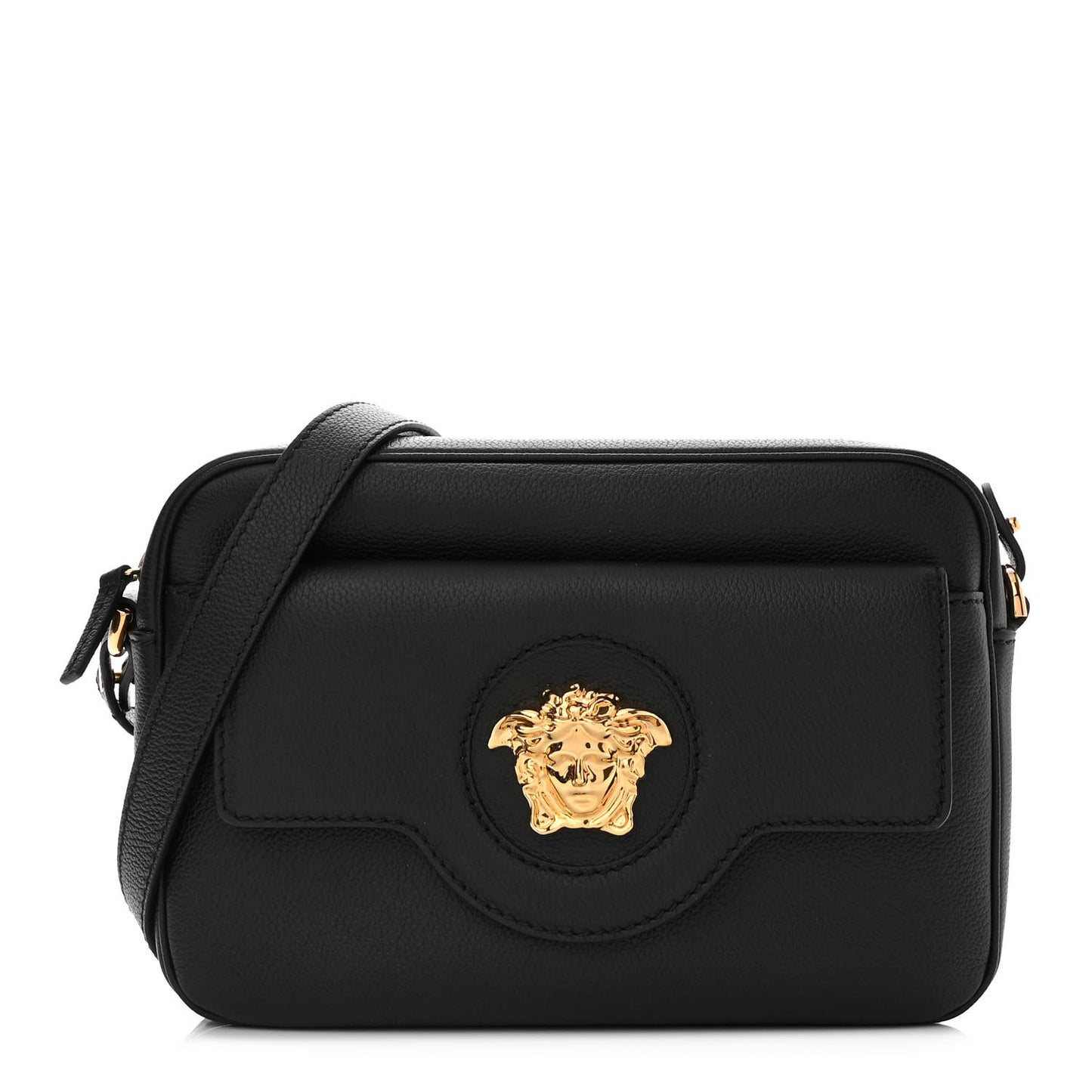 Grained Calfskin Medusa Camera Bag Black