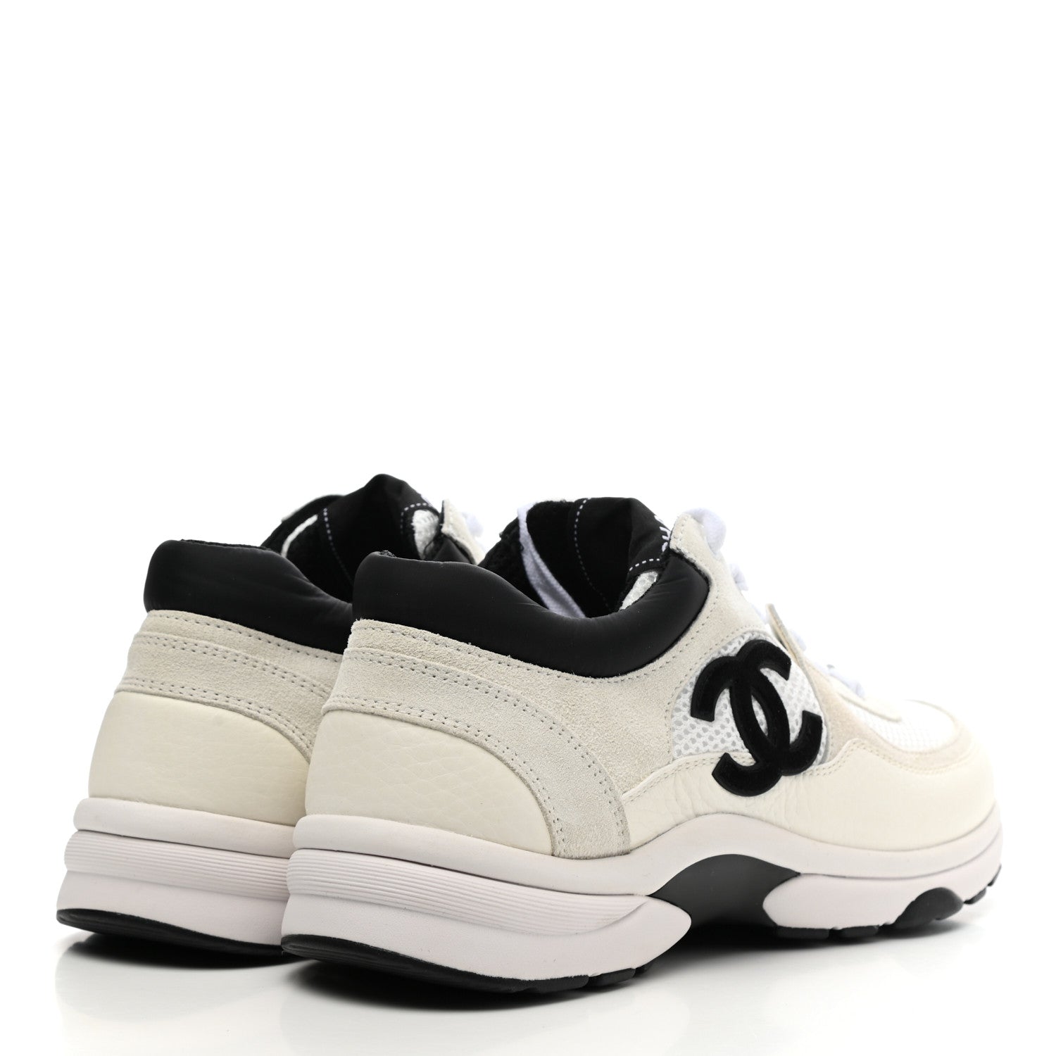 Chanel Mesh Suede Calfskin Grained Calfskin Womens CC Sneakers 37.5 White Black 4 of 10