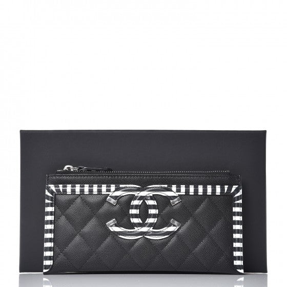 Caviar Quilted Stripe Filigree Zip Pouch Black White