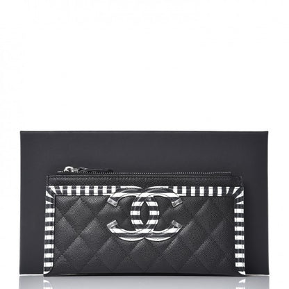 Chanel Caviar Quilted Stripe Filigree Zip Pouch Black White 7 of 9