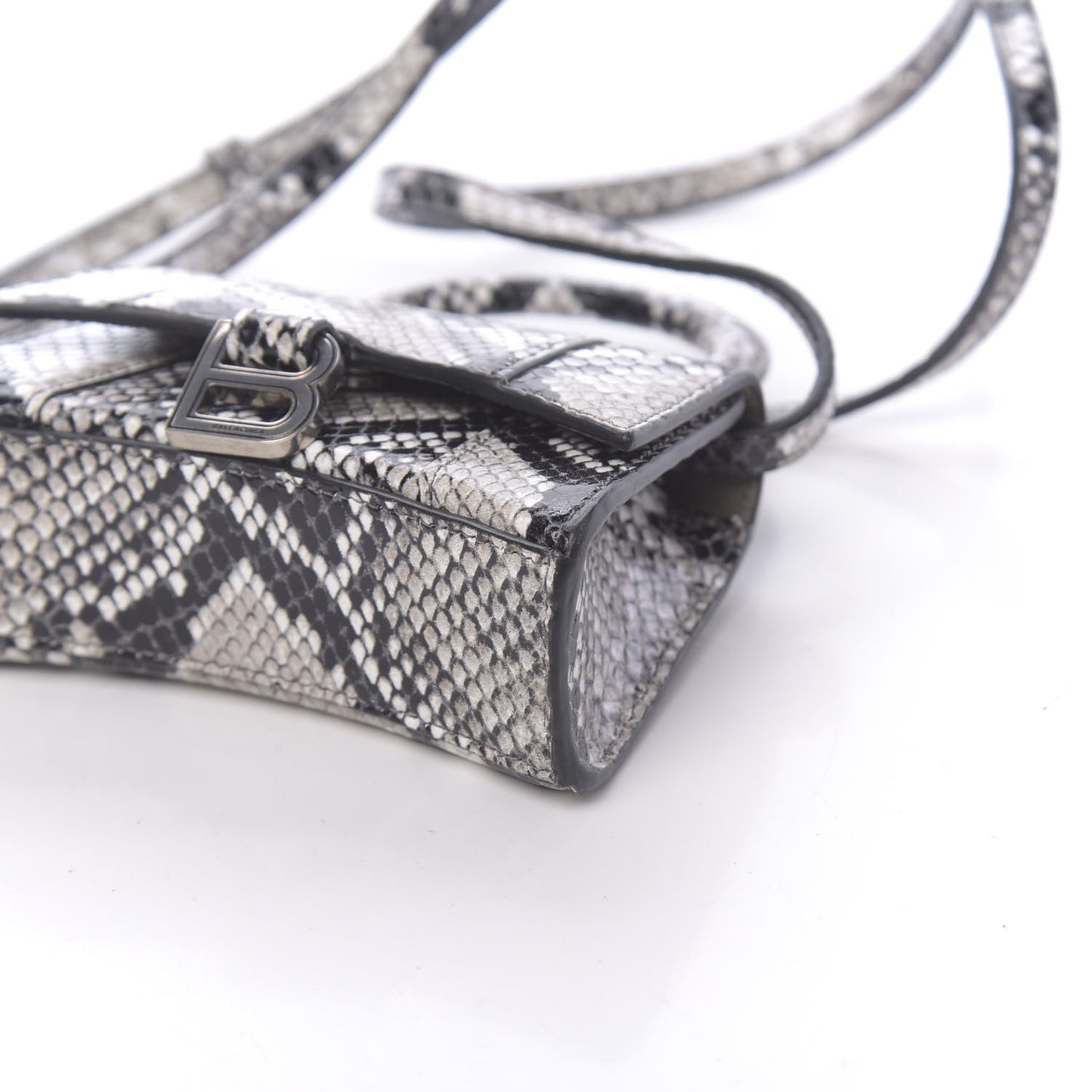 Shiny Calfskin Python Effect Hourglass Top Handle Bag Mini Black White