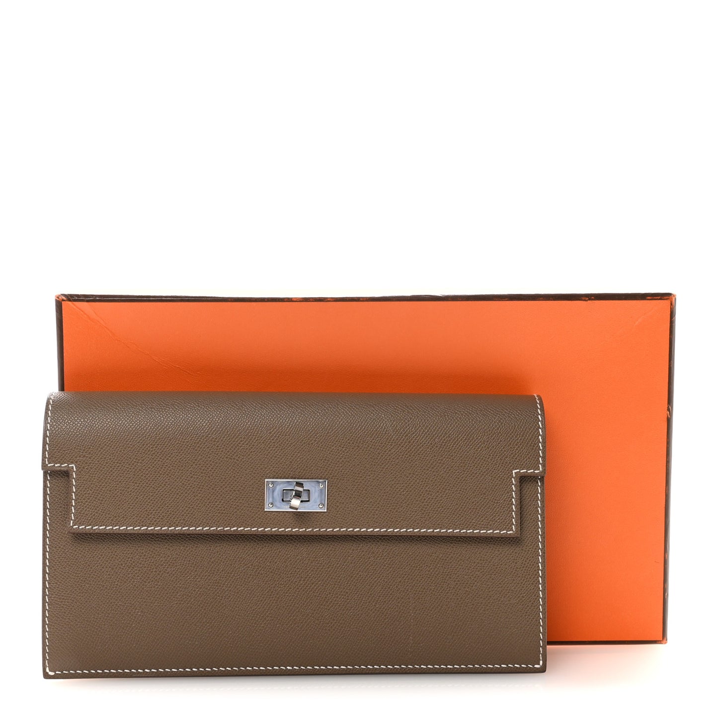 Madame Calfskin Kelly Pocket Long Wallet Etoupe