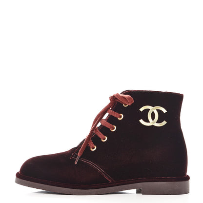 Chanel Velvet CC Lace Up Boots 36 Burgundy 1 of 8