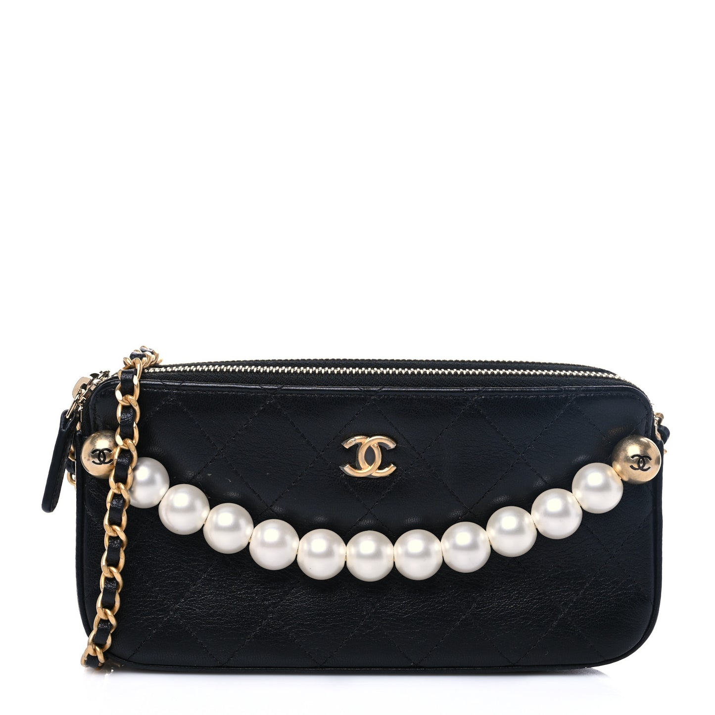 Goatskin Stitched Small Chic Pearls Clutch With Chain Black