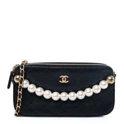 Chanel Goatskin Stitched Small Chic Pearls Clutch With Chain Black 1 of 12