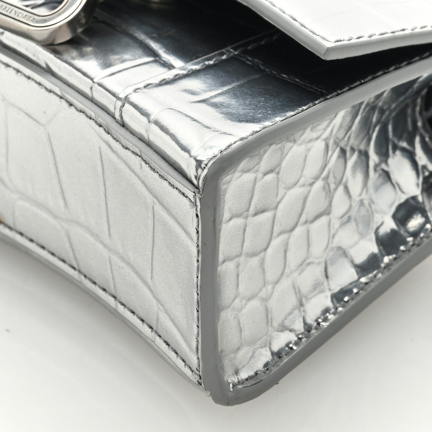 Metallic Calfskin Crocodile Embossed Hourglass Top Handle Bag Mini Silver