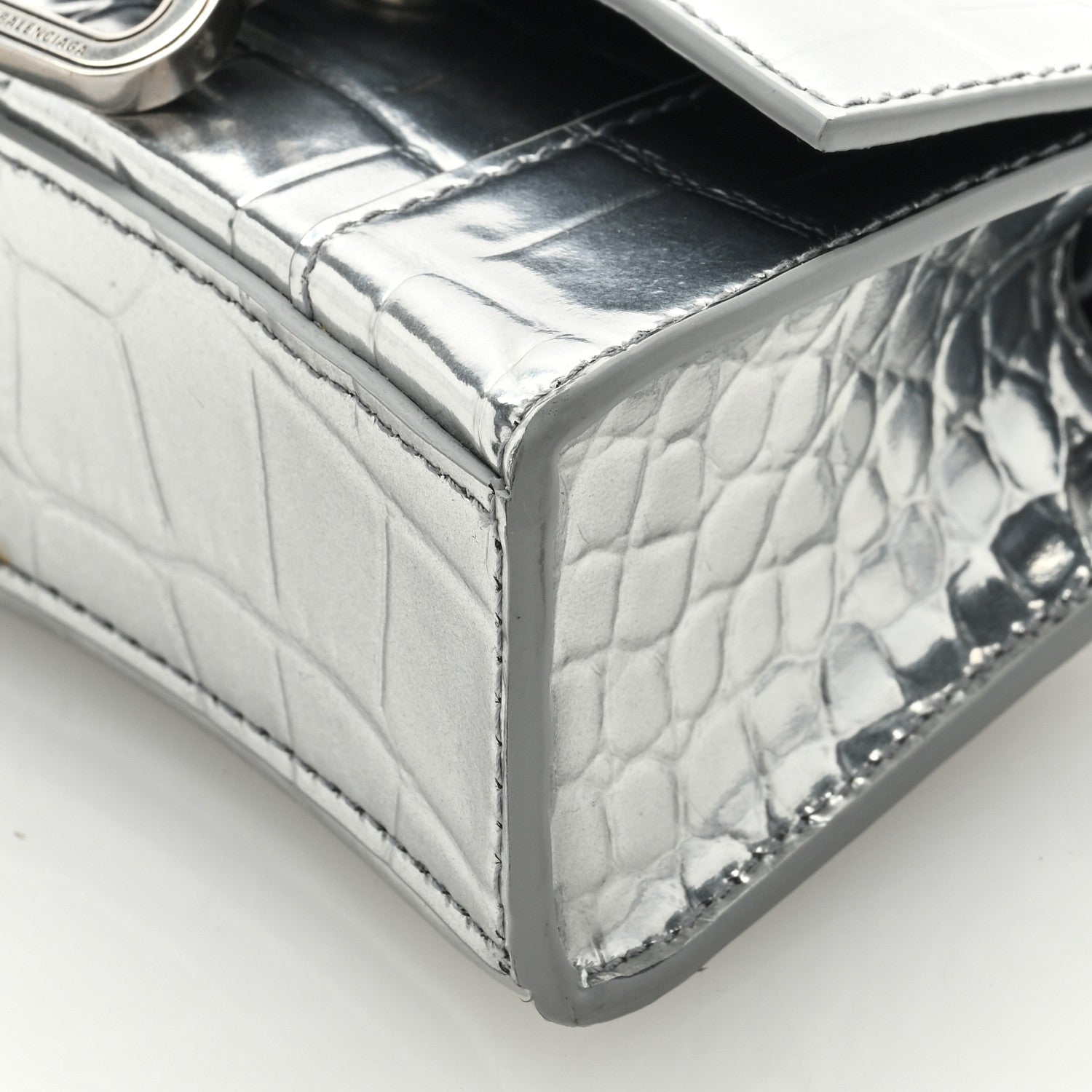 Balenciaga Metallic Calfskin Crocodile Embossed Hourglass Top Handle Bag Mini Silver 9 of 9
