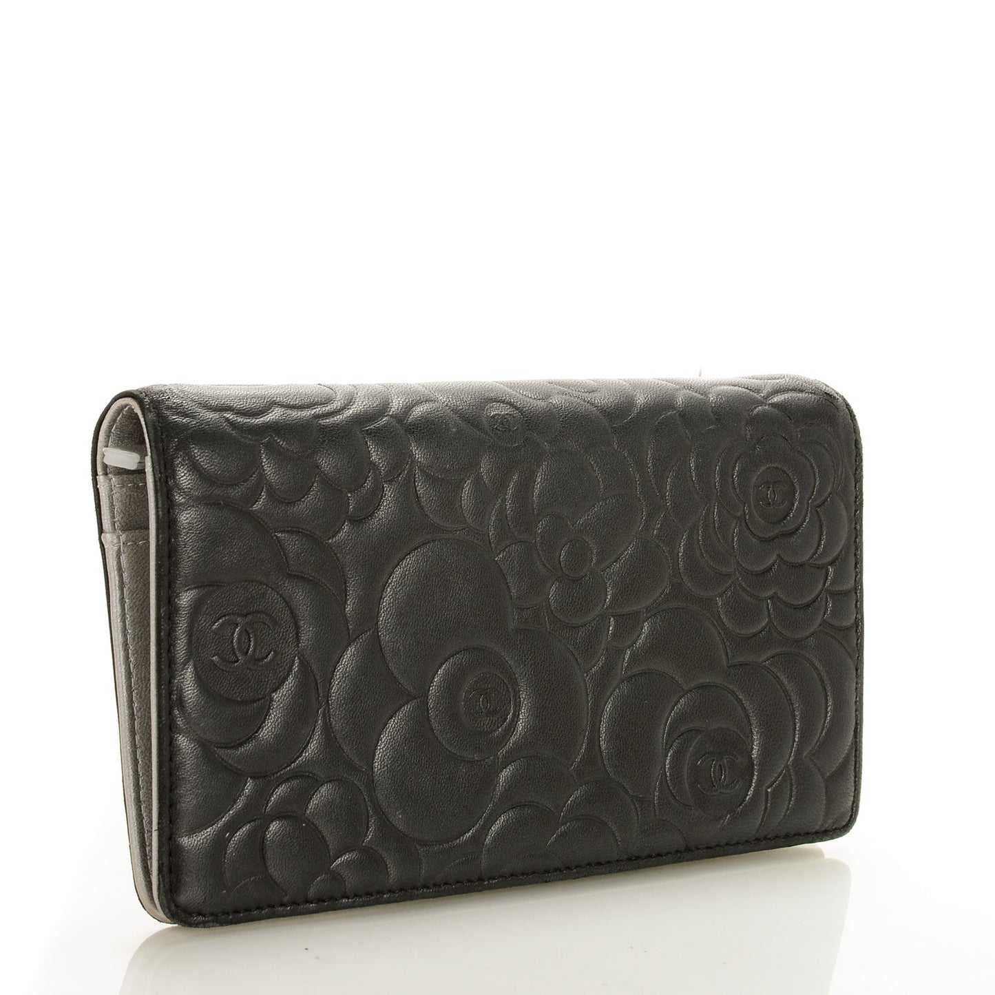 Lambskin Camellia Embossed Yen Wallet Black