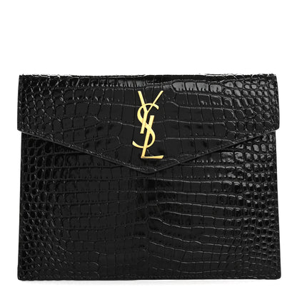 Saint Laurent Calfskin Crocodile Embossed Monogram Uptown Baby Pouch Black 1 of 8
