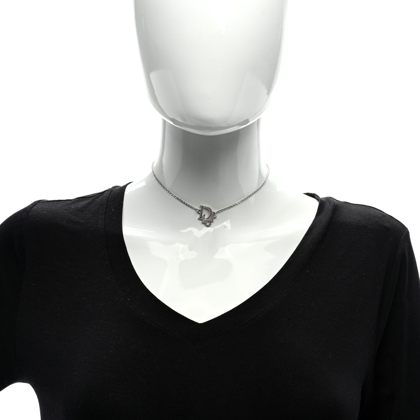Metal Crystal Logo Choker Necklace Silver Pink