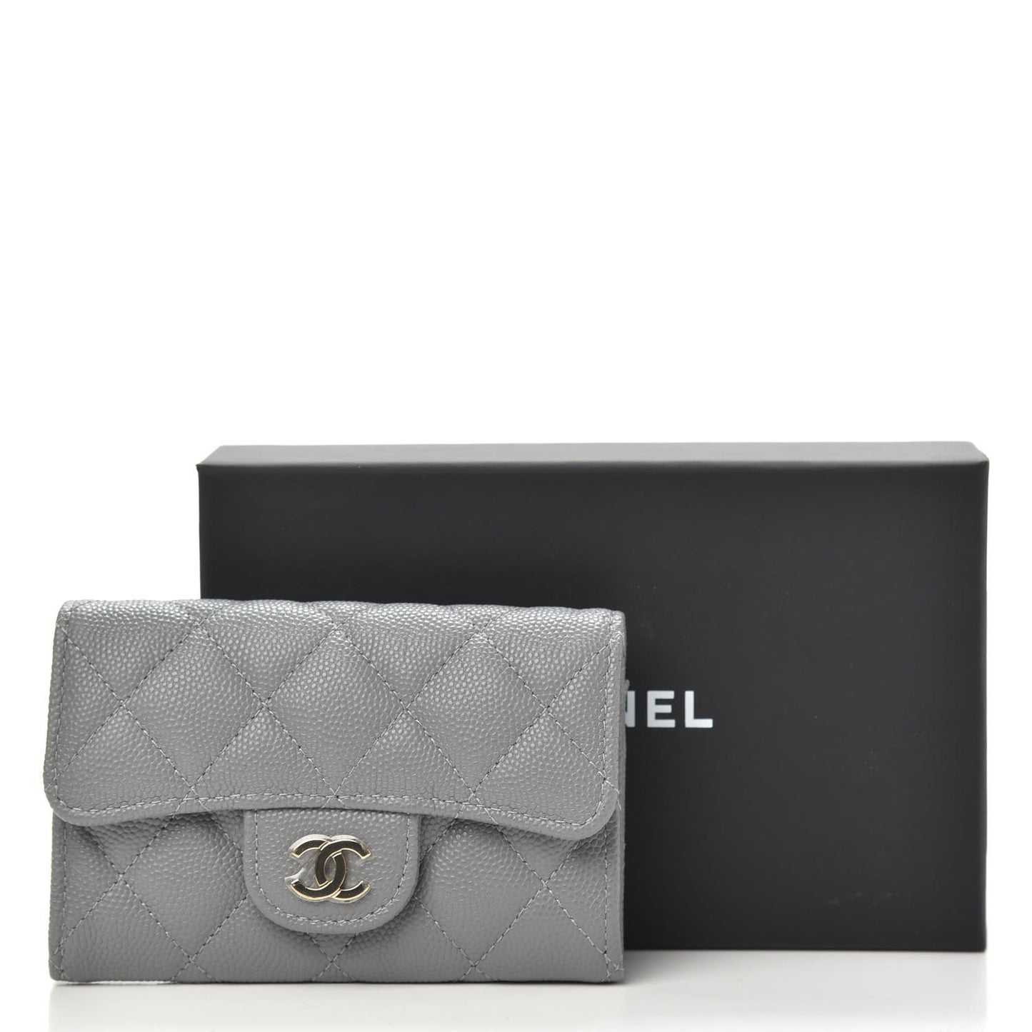 Caviar Quilted Flap Card Holder Wallet Dark Grey