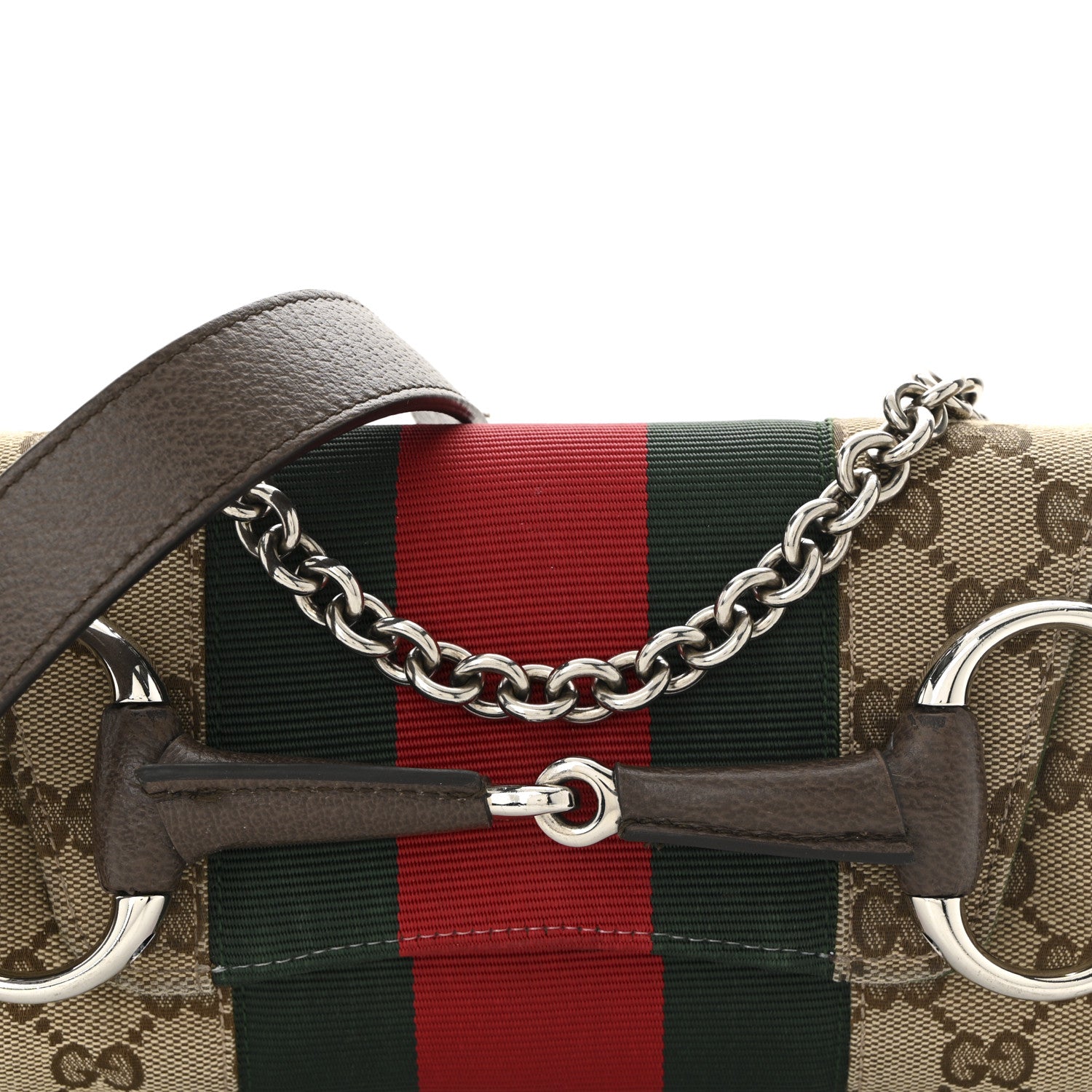 Gucci Monogram Textured Dollar Calfskin Heavy Grosgrain Web Medium Maxi Horsebit Chain Shoulder Bag Beige Ebony New Acero 9 of 11