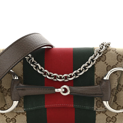 Gucci Monogram Textured Dollar Calfskin Heavy Grosgrain Web Medium Maxi Horsebit Chain Shoulder Bag Beige Ebony New Acero 9 of 11