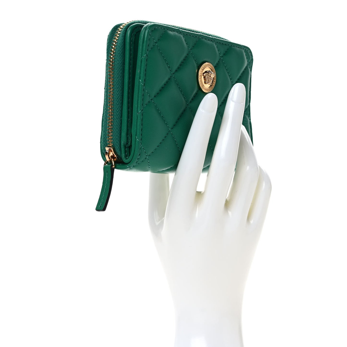 Nappa Quilted Medusa Compact Zip Around Wallet Green