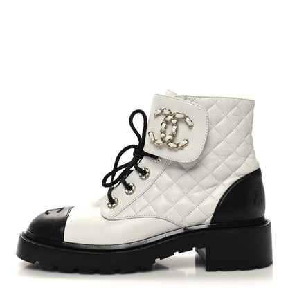 Chanel Shiny Lambskin Quilted Lace Up Combat Boots 39.5 White Black 1 of 11