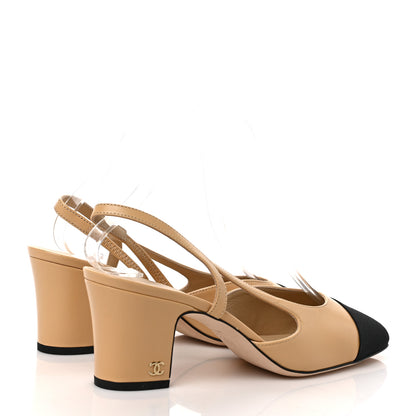 Chanel Goatskin Grosgrain Cap Toe CC Slingback Pumps 37.5 Beige Black 4 of 9
