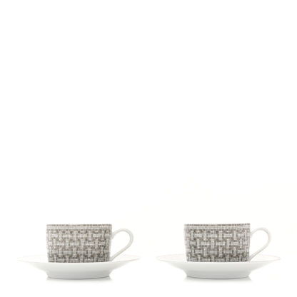 Hermes Porcelain Mosaique Au 24 Platine Tea Cup And Saucer Set Of 2 Platinum 1 of 8