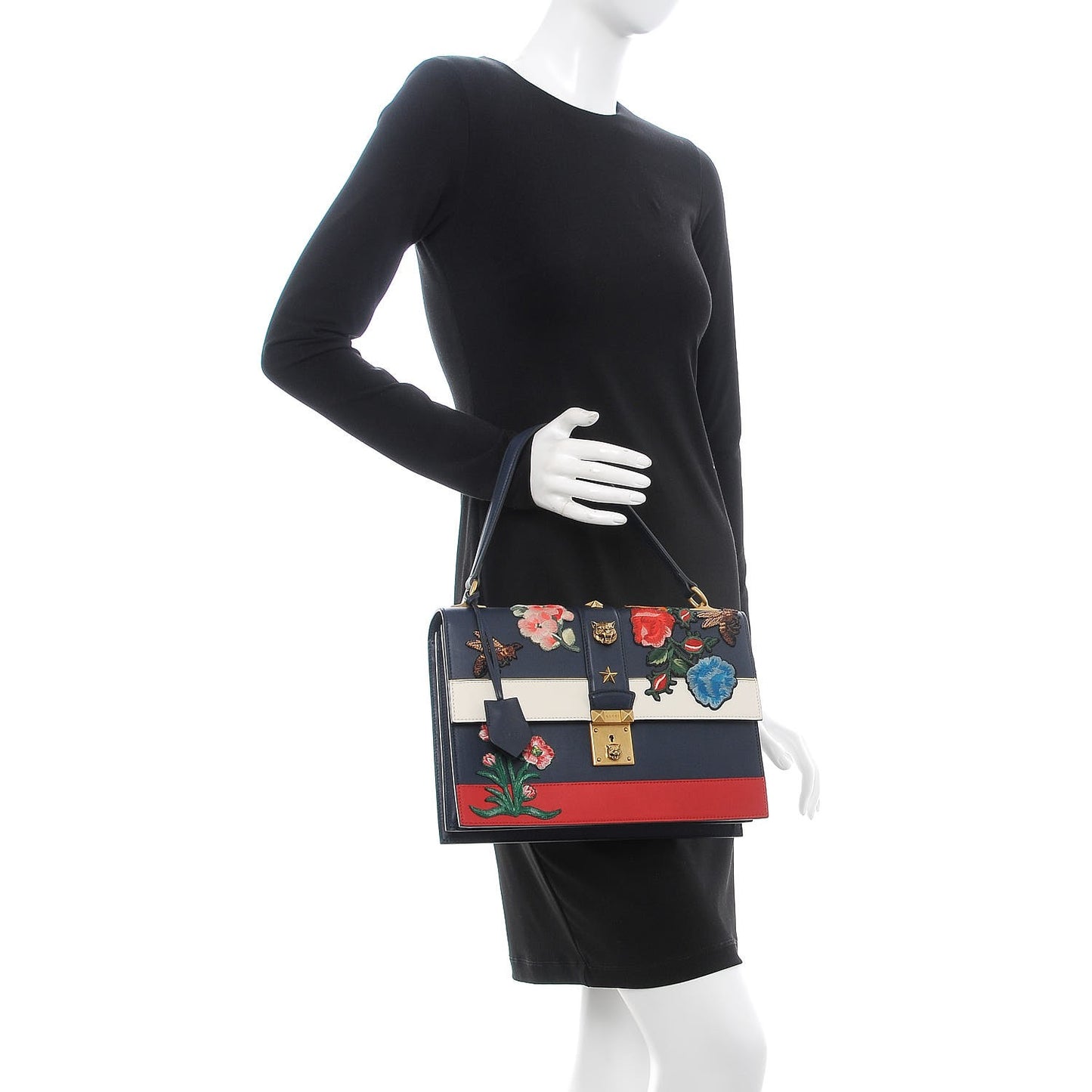 Calfskin Embroidered Riche Stripe Shoulder Bag Blue Red